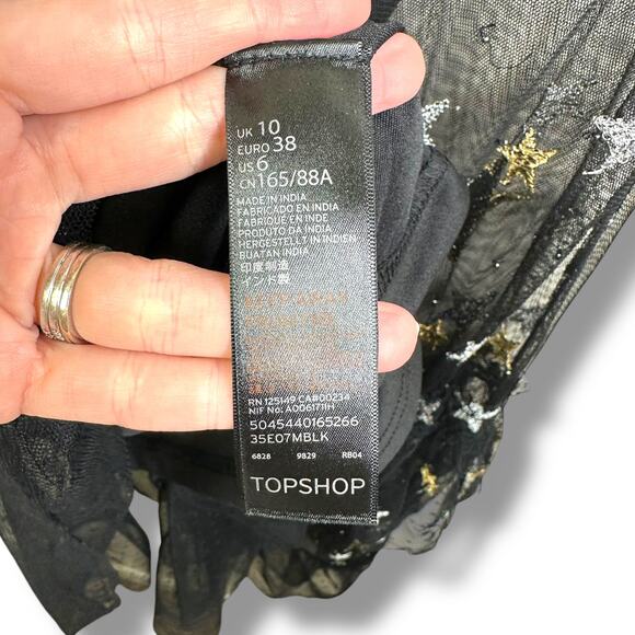 Topshop Embroidered Metallic Star Swiss Dot Plunge Neck Asymmetrical Midi Dress - Picture 9 of 10